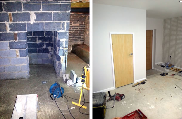 Before and after picture of part of the basement in a Sheffield property.